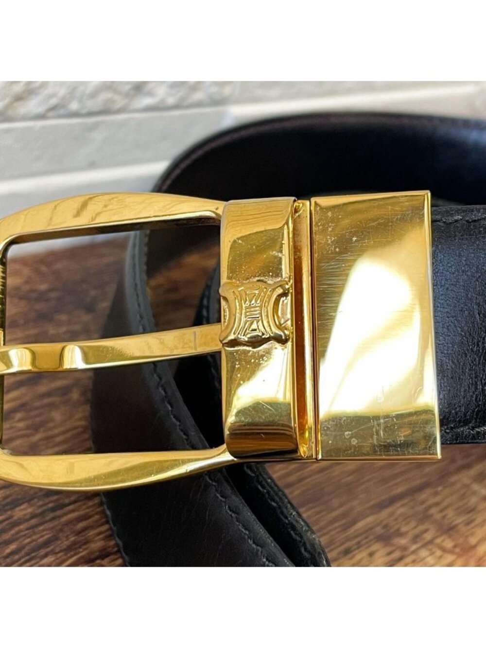 Celine Leather Triomphe Buckle Gold Belt Black - Picture 10 of 10